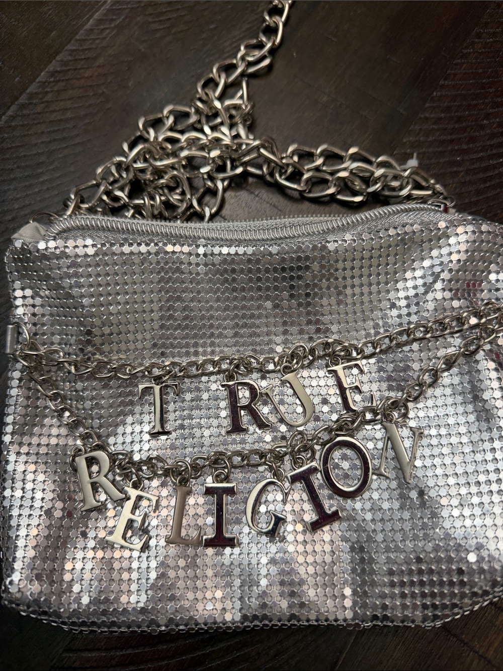 True Religion Silver Sequin Chain Crossbody with Logo Charm